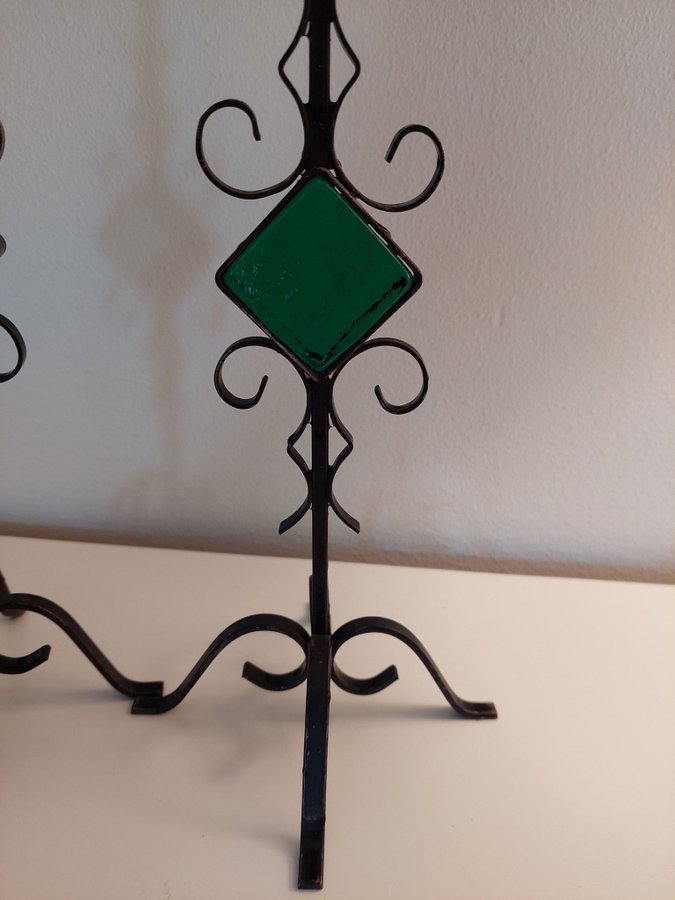 2 st smidesljusstake grönt glasGunnar Ander/Rare mid-century candlestick