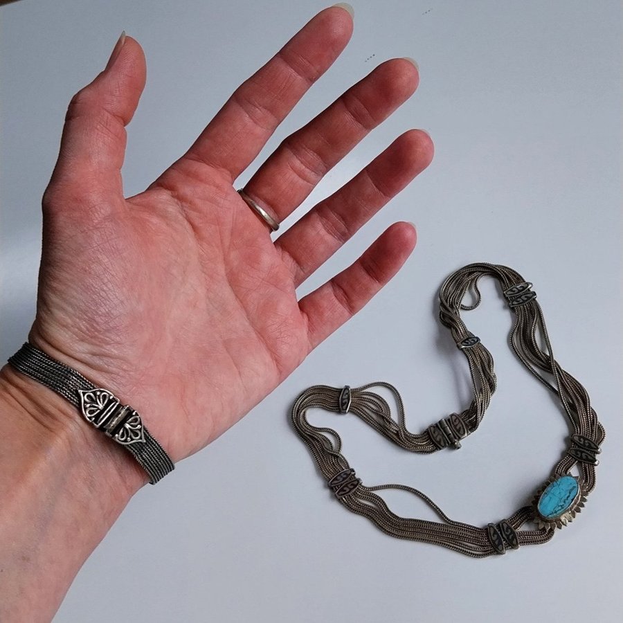 Silver 975 925 + Turkos Armband Ring Halsband Sølv Halskæde Turkis Ædelsten