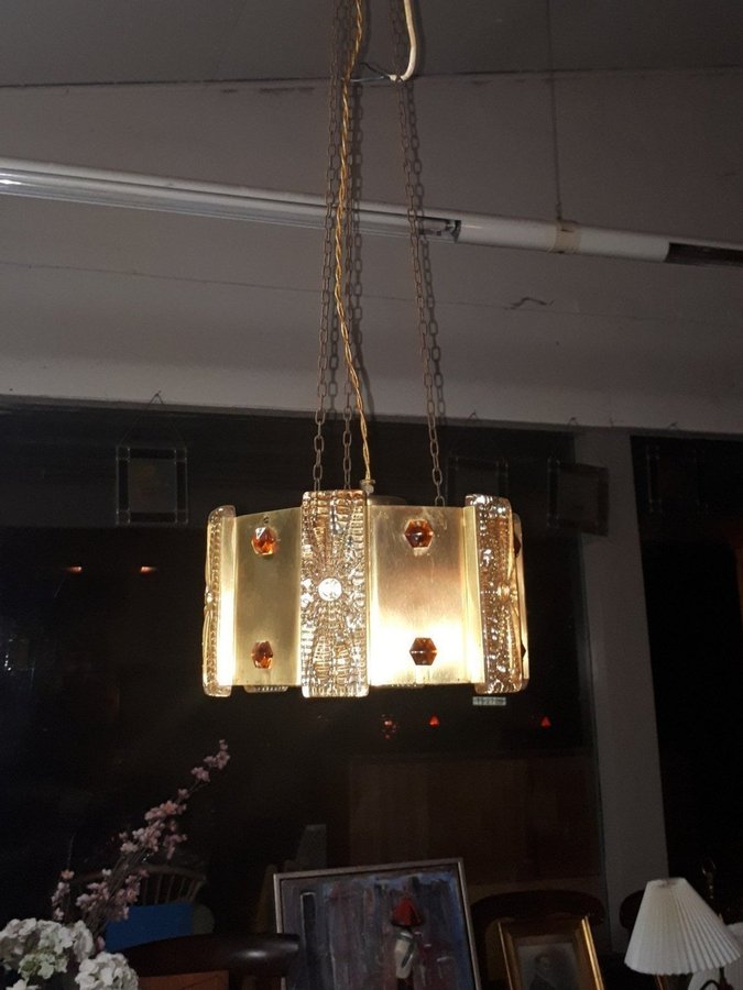 1960s Mässing Kristall Taklampa Denmark Extra Long Chains Pendel Loftlampe