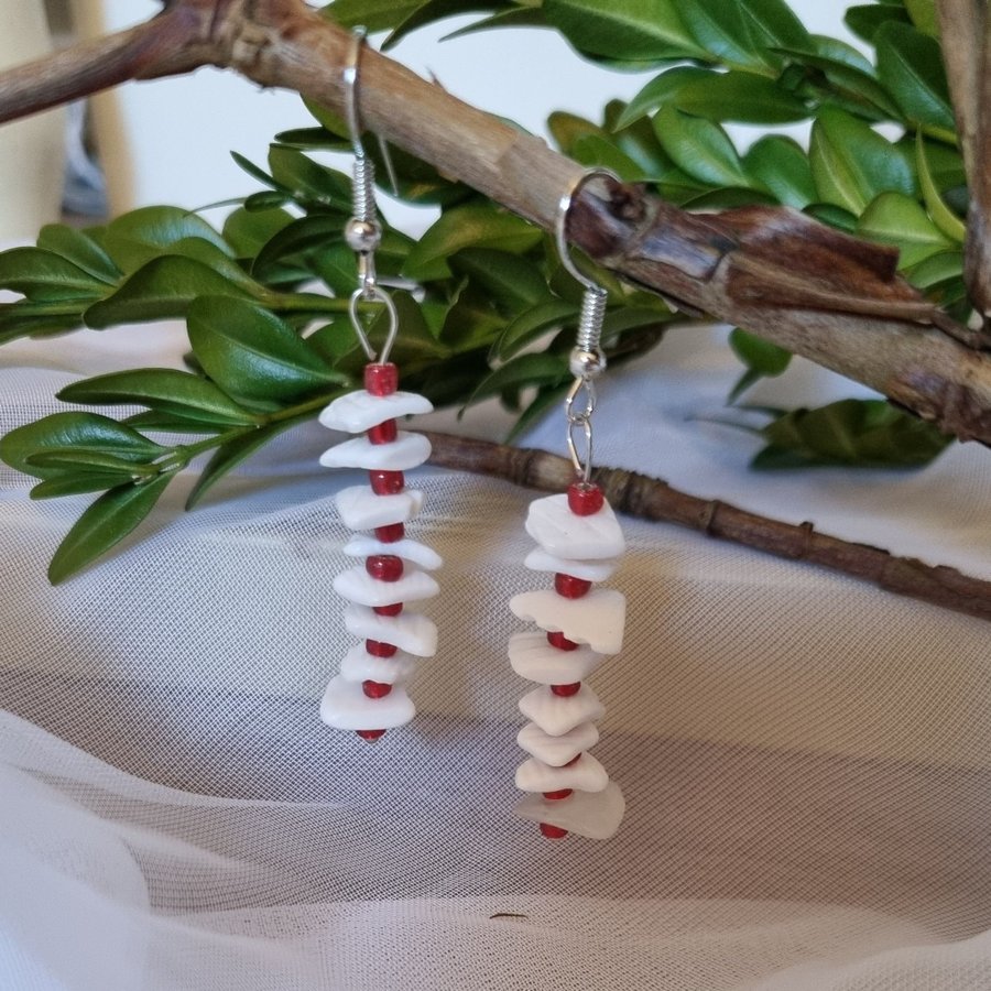 White Red Beaded Shell Chip Earrings