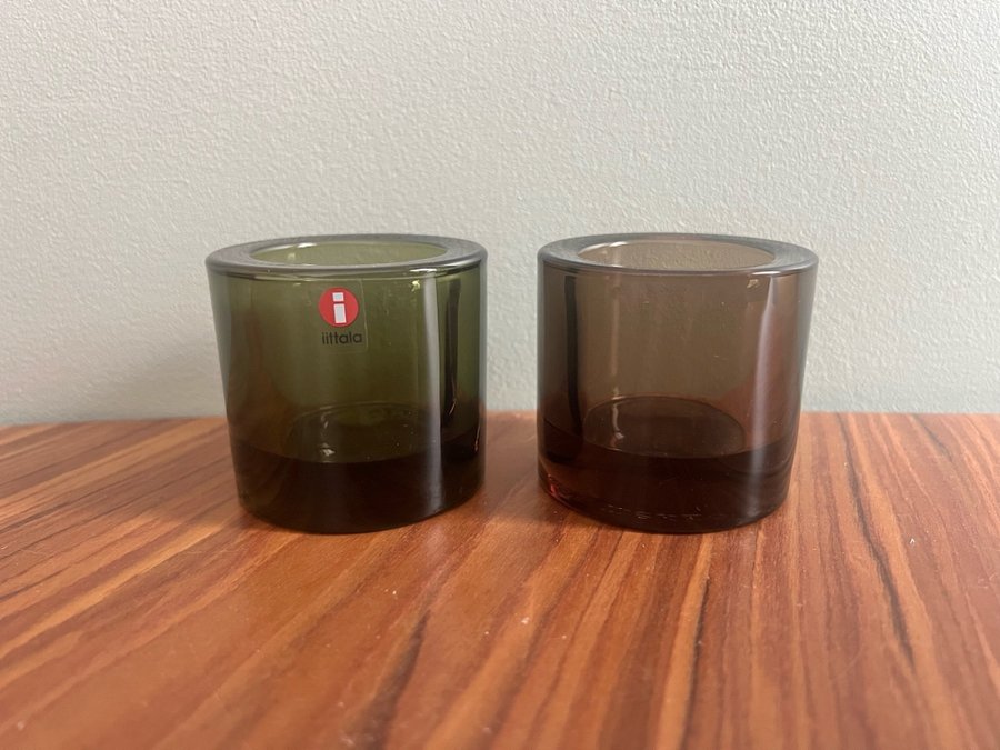 Iittala 2st kivi ljuslyktor marimekko sand och olive/mossgrön Heikki Orvola