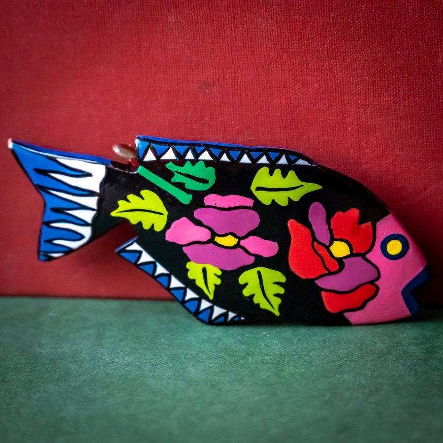 Beautiful Vintage Wooden Colorful Floral Fish Hair Clip | Barrette 80s 90s Retro