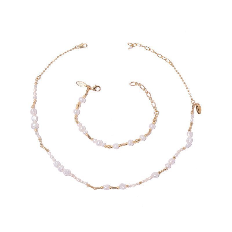 18k Gold Natural Pearl Necklace and Bracelet Set