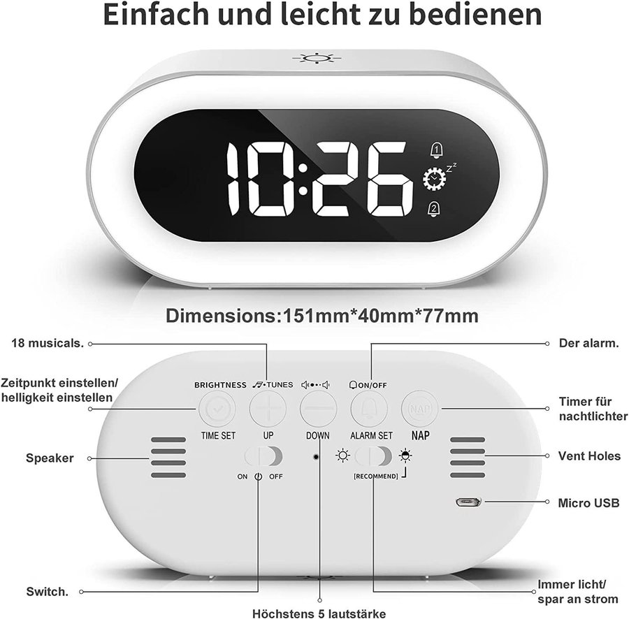 NY Multifunktionell LED-musiklarmklocka | Laddbar | 1500mAh |Nypris 349kr