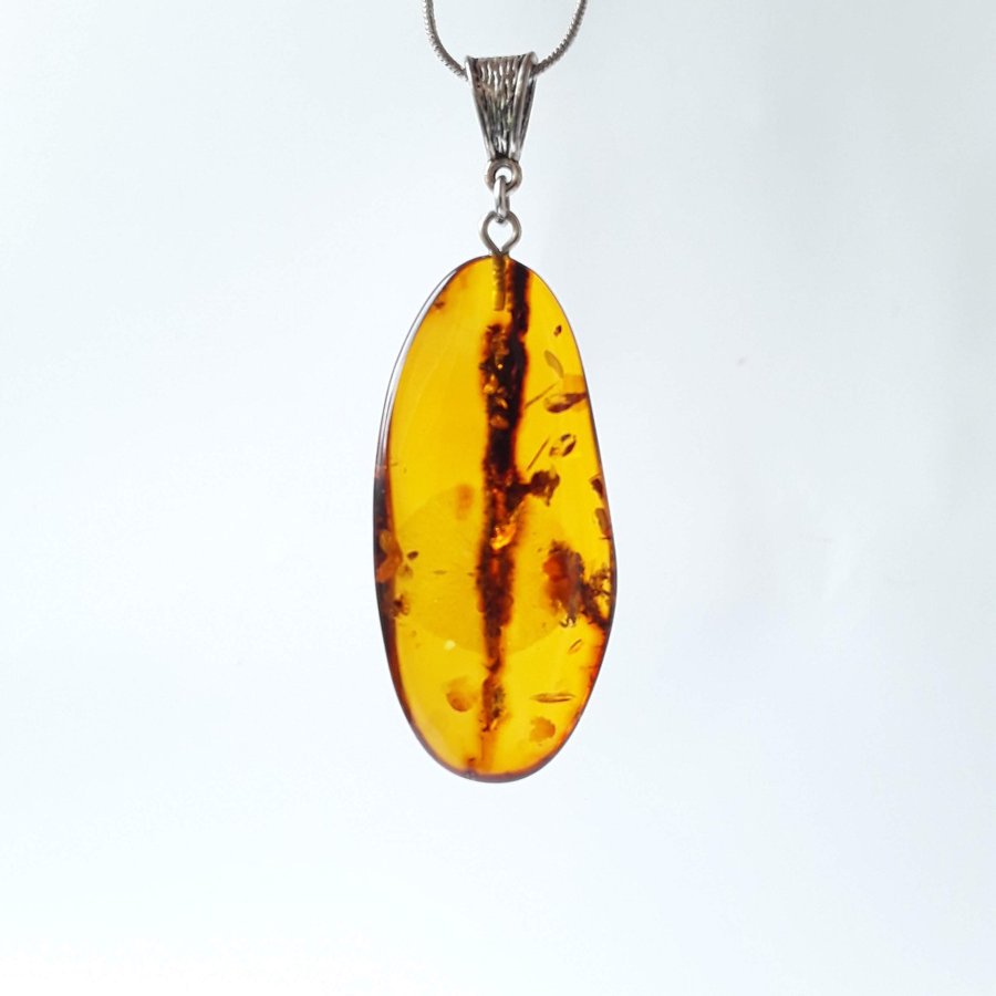 Brown raw Baltic amber gem pendant with silver color chain Brown amber jewelry