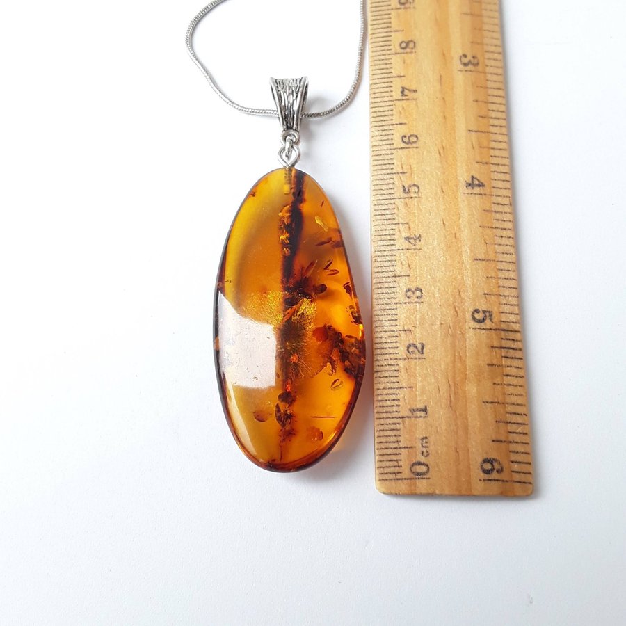 Brown raw Baltic amber gem pendant with silver color chain Brown amber jewelry
