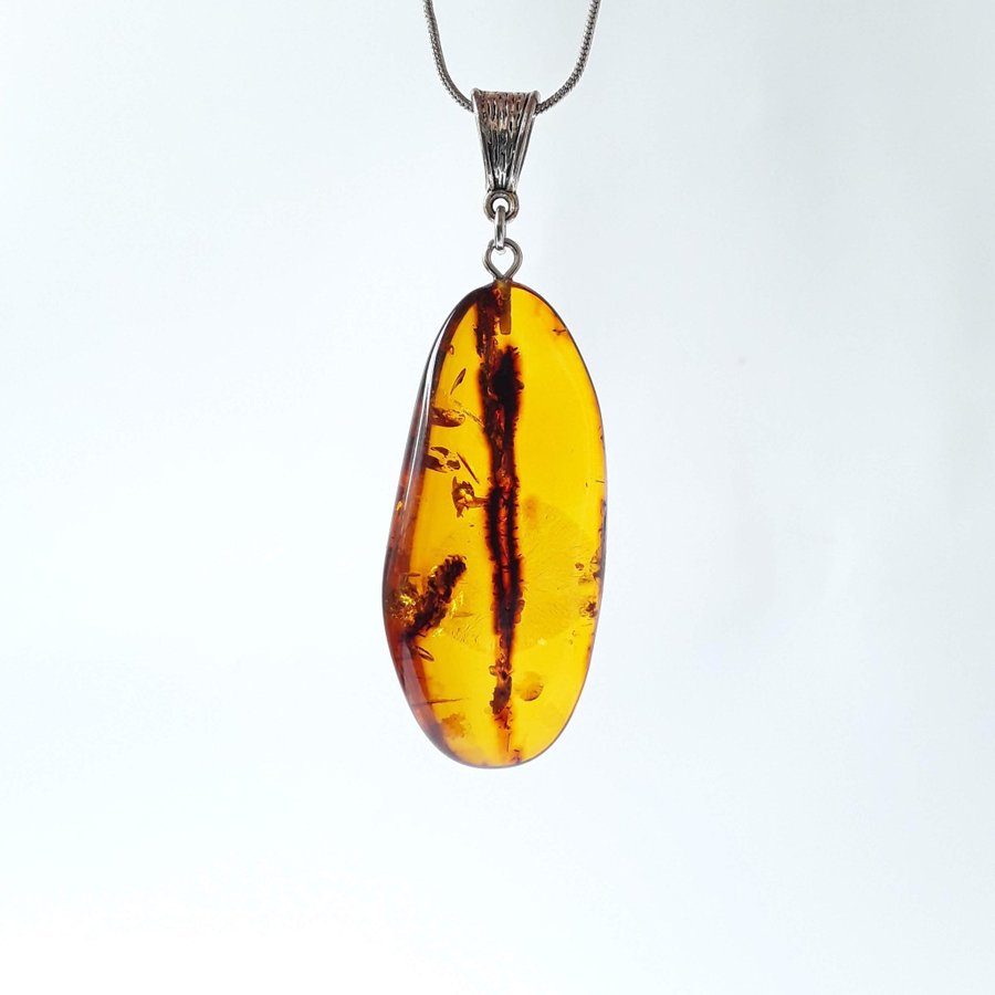 Brown raw Baltic amber gem pendant with silver color chain Brown amber jewelry