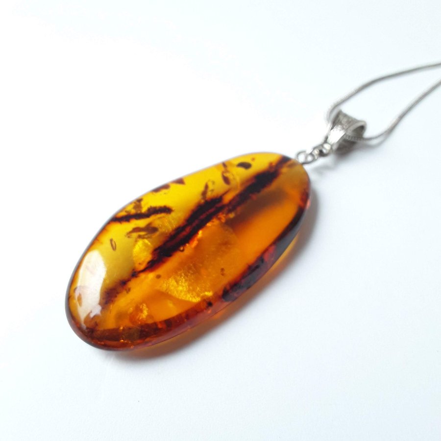 Brown raw Baltic amber gem pendant with silver color chain Brown amber jewelry