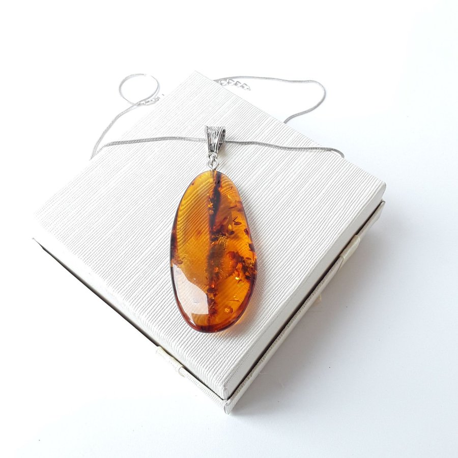 Brown raw Baltic amber gem pendant with silver color chain Brown amber jewelry