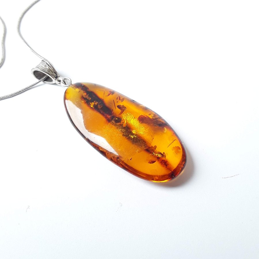 Brown raw Baltic amber gem pendant with silver color chain Brown amber jewelry