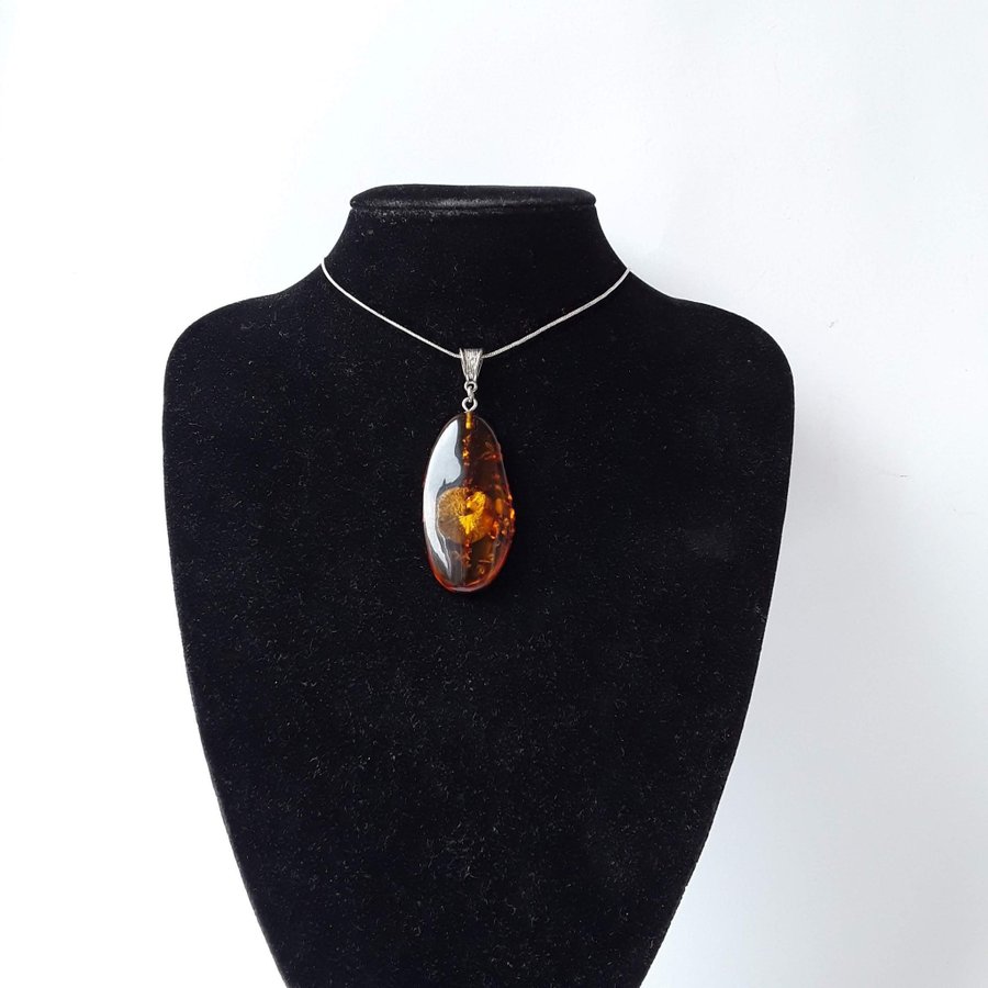 Brown raw Baltic amber gem pendant with silver color chain Brown amber jewelry