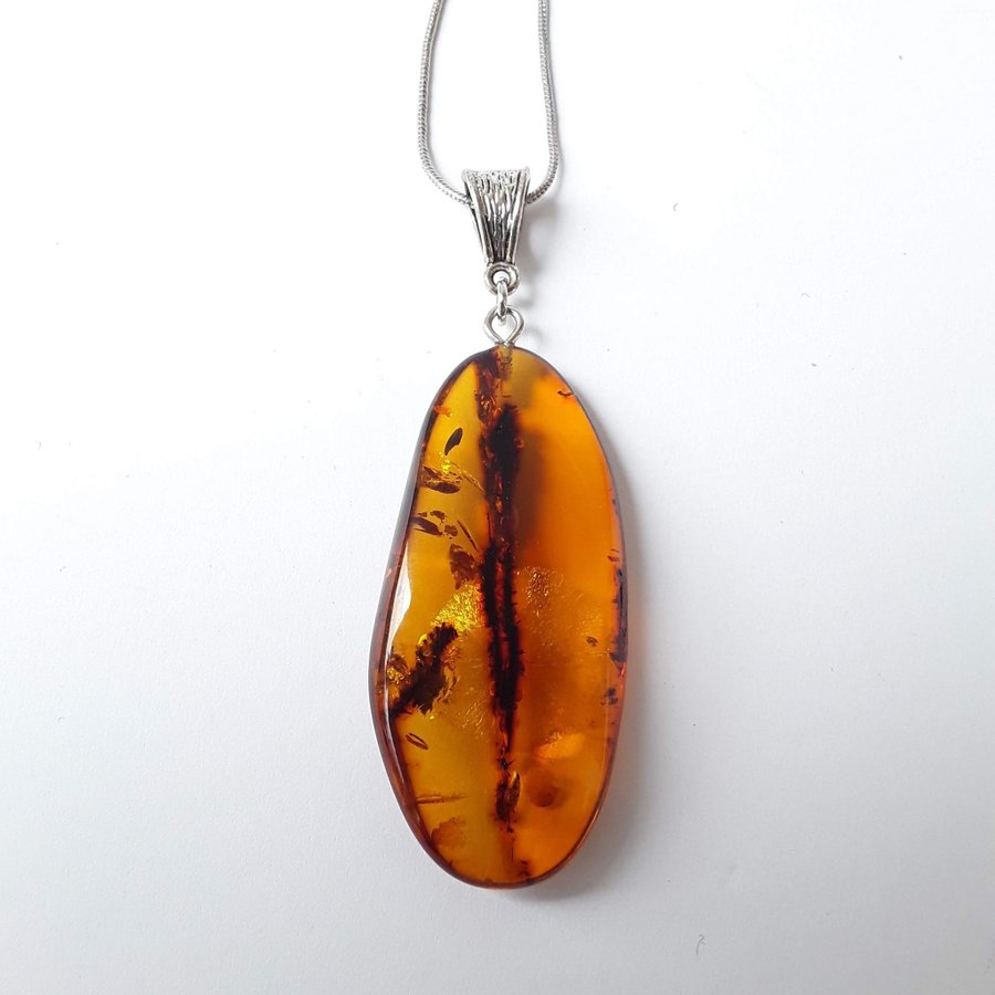 Brown raw Baltic amber gem pendant with silver color chain Brown amber jewelry