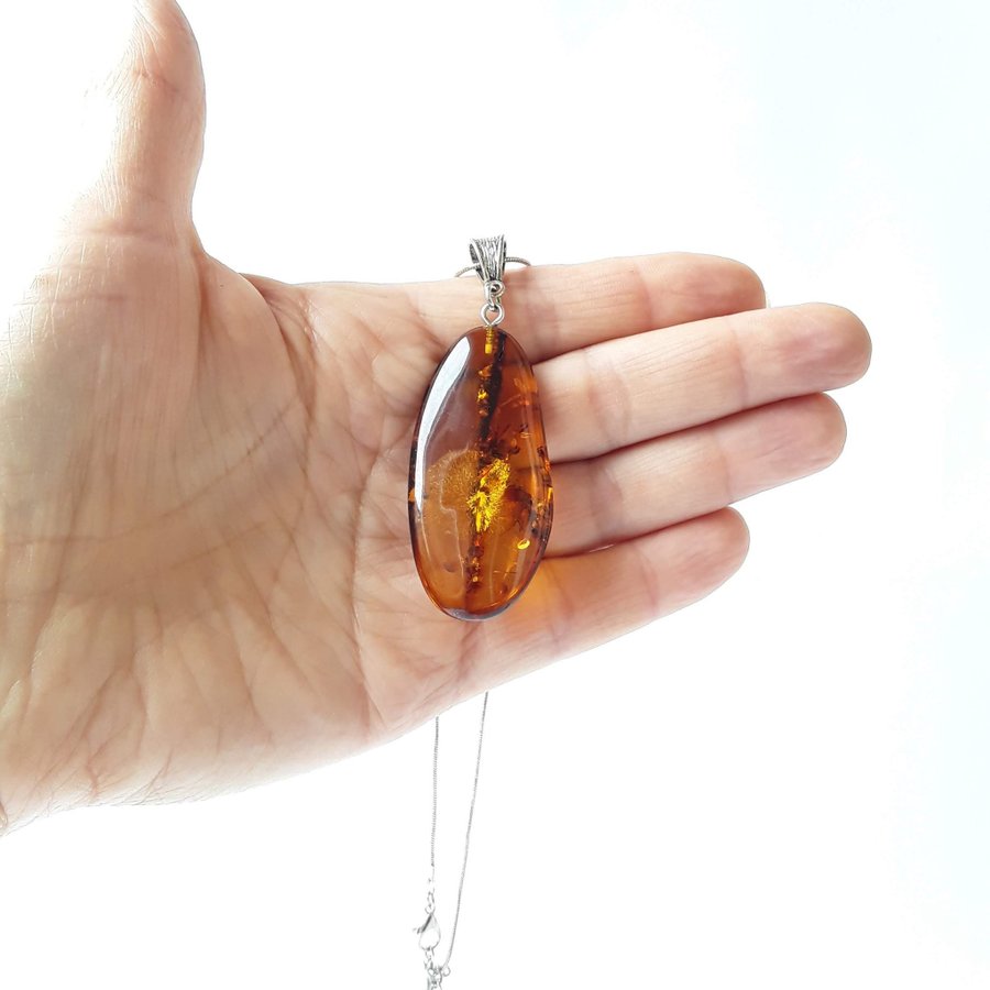 Brown raw Baltic amber gem pendant with silver color chain Brown amber jewelry