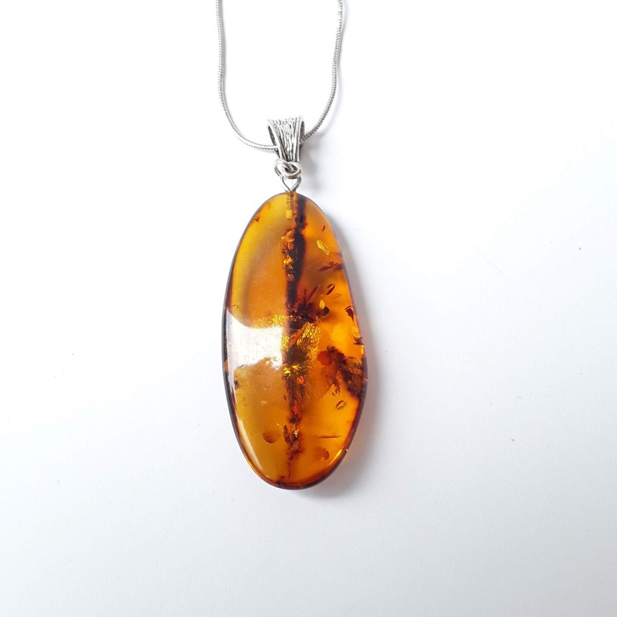 Brown raw Baltic amber gem pendant with silver color chain Brown amber jewelry