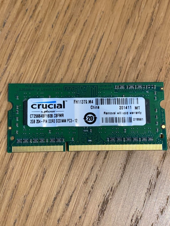 2 GB Crucial (1x2GB) DDR3 SODIMM 1Rx8 PC3-12800S 1600 MHz RAM