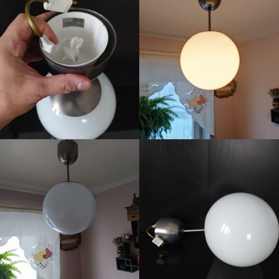 TAKLAMPA märkta IKEA pendel 1960-/70 tal i frostat glas och krom#B