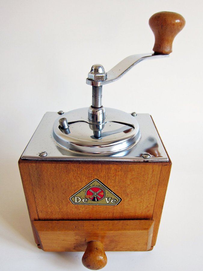 Vintage läcker kaffekvarn i trä  metall DeVe Made in Holland