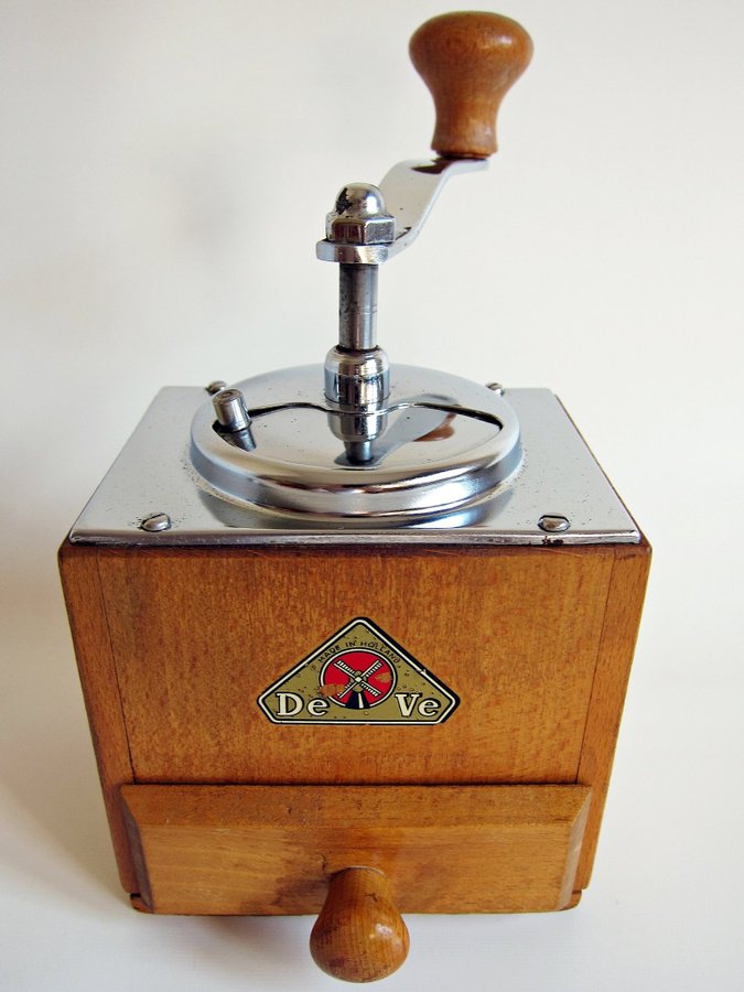 Vintage läcker kaffekvarn i trä  metall DeVe Made in Holland