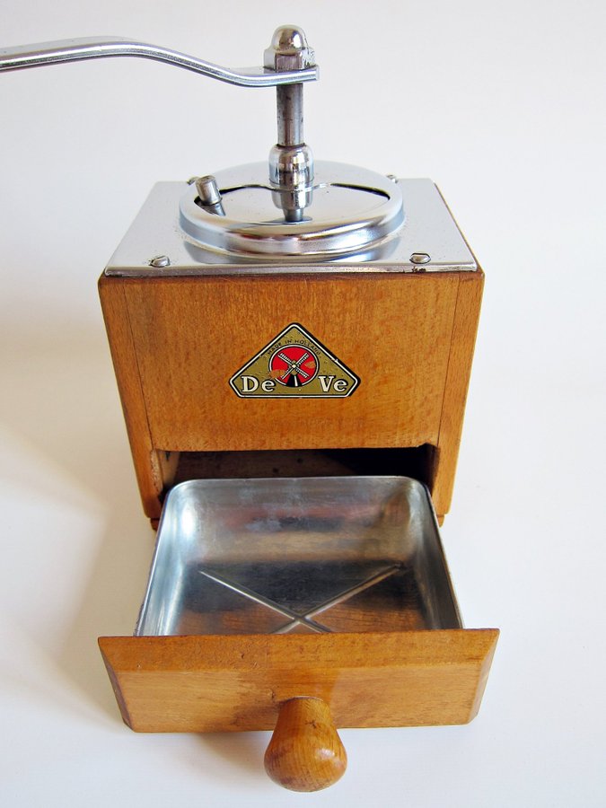 Vintage läcker kaffekvarn i trä  metall DeVe Made in Holland