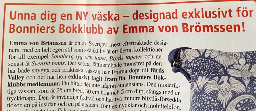 NY Limited edition axelremsväska/väska Emma von Brömssen Birds Valley