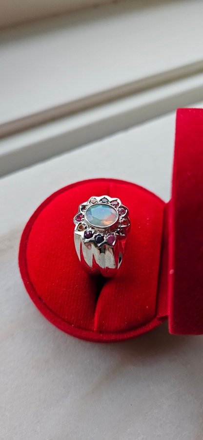 Silverring 925 Med Opal Rubin Safir