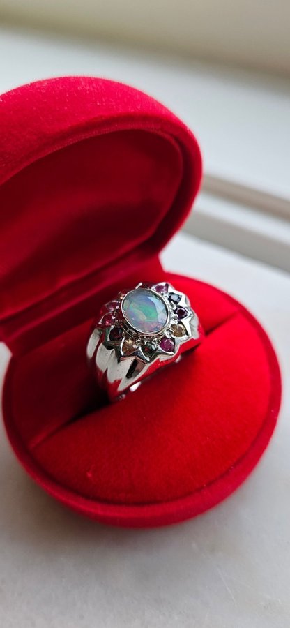 Silverring 925 Med Opal Rubin Safir