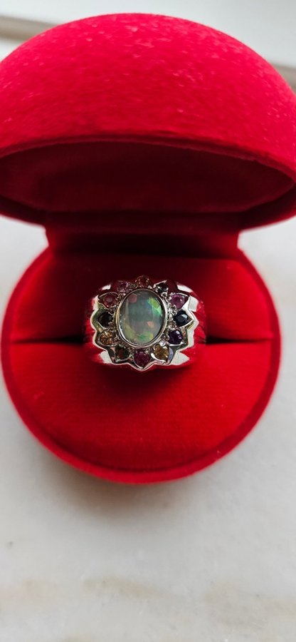 Silverring 925 Med Opal Rubin Safir