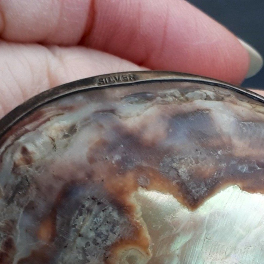 Stämplat Silver-Framed Sea-Shell 7x6cm Old Muslinge Skaller Sølv Muslinger