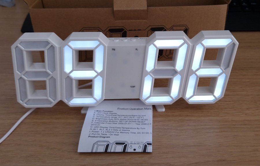 Bordsklocka digital LED 3D lysande (Vit)