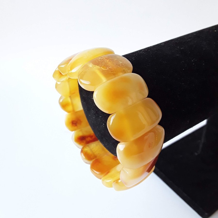 Yellow Baltic amber gemstone bracelet Classic wide stretchy flat bead bracelet