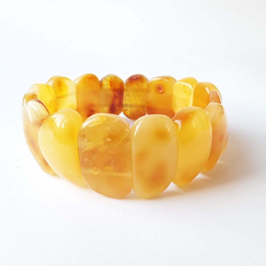 Yellow Baltic amber gemstone bracelet Classic wide stretchy flat bead bracelet