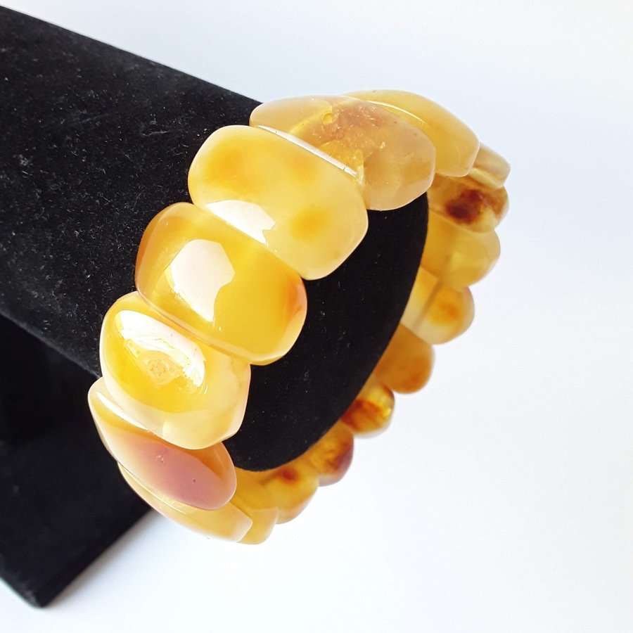 Yellow Baltic amber gemstone bracelet Classic wide stretchy flat bead bracelet