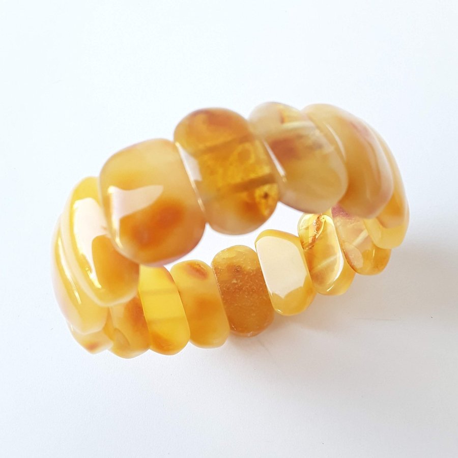 Yellow Baltic amber gemstone bracelet Classic wide stretchy flat bead bracelet