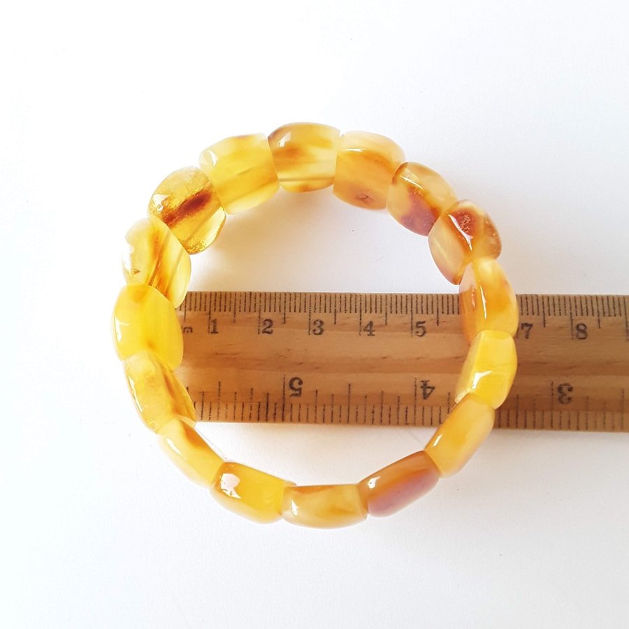 Yellow Baltic amber gemstone bracelet Classic wide stretchy flat bead bracelet