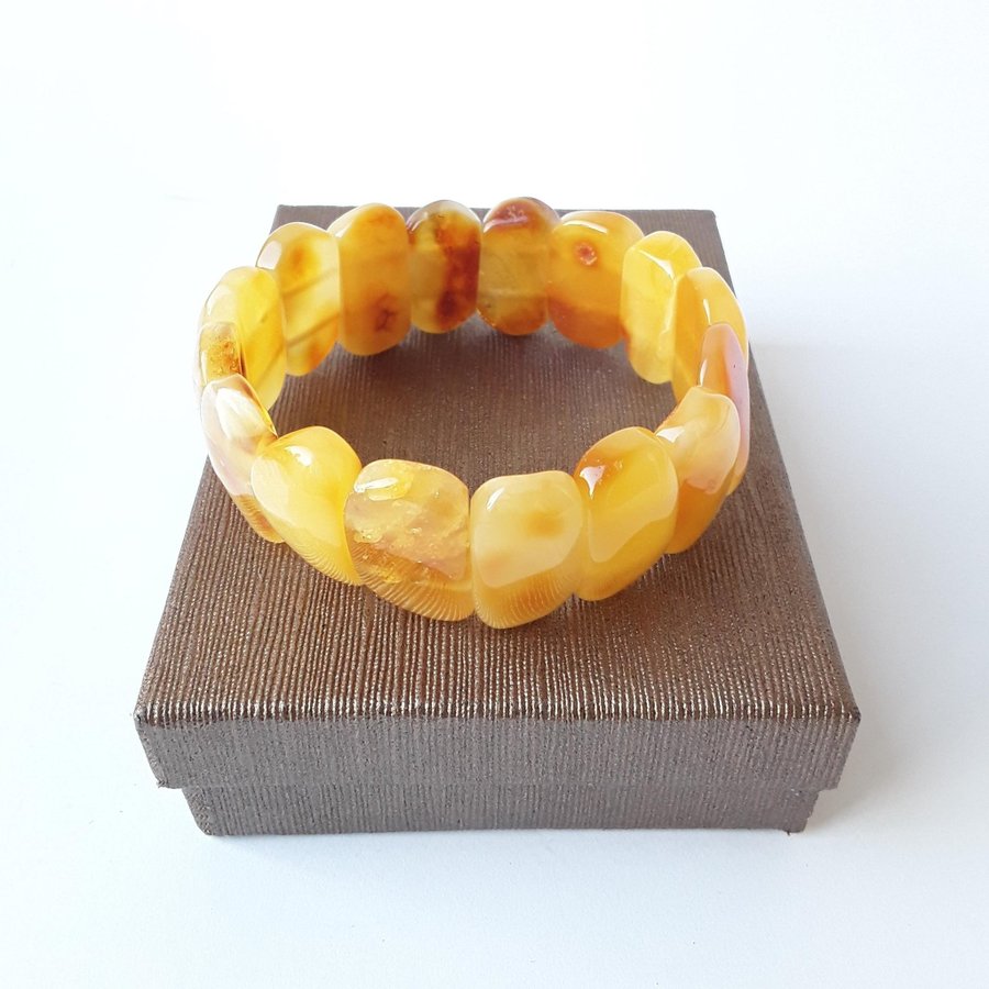 Yellow Baltic amber gemstone bracelet Classic wide stretchy flat bead bracelet