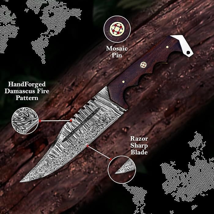 12'' Handmade Damascus Hunting Knife with Leather Sheath - Useful for Camping