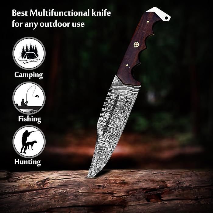 12'' Handmade Damascus Hunting Knife with Leather Sheath - Useful for Camping