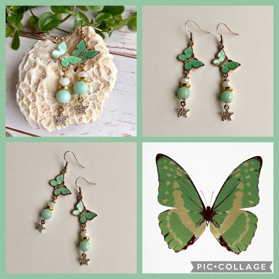 Läckra Örhängen med Fjärilar  Stjärnor Grön Malaysian Jade Dinglande Handgjorda