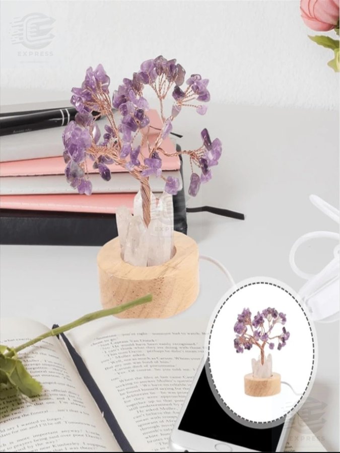 NYTT Ametist kristall bonsai träd lampa • USB • 13 cm • För meditation och sömn