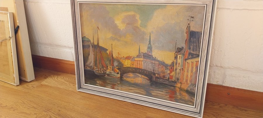 Old Copenhagen Gammel Strand Signed Målning Oljemålning Oliemaleri Maleri