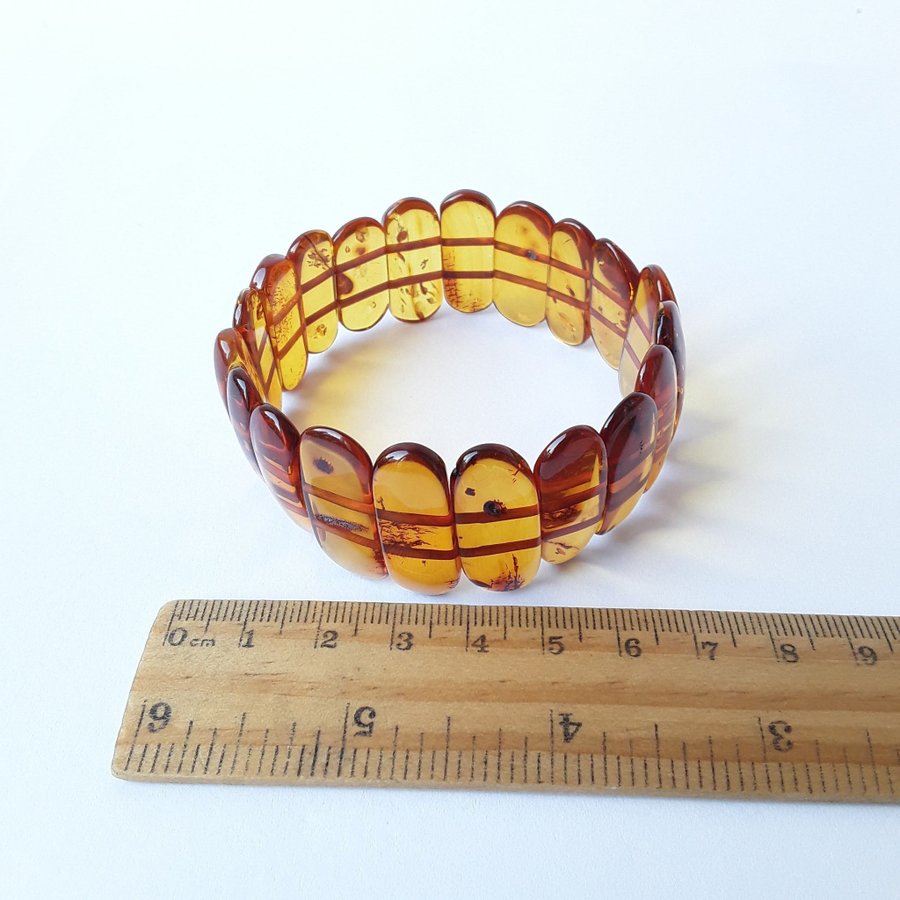 Brown Baltic amber gemstone bracelet Classic wide stretchy flat bead bracelet