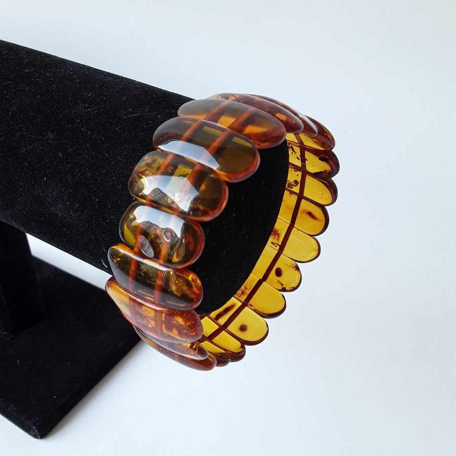 Brown Baltic amber gemstone bracelet Classic wide stretchy flat bead bracelet