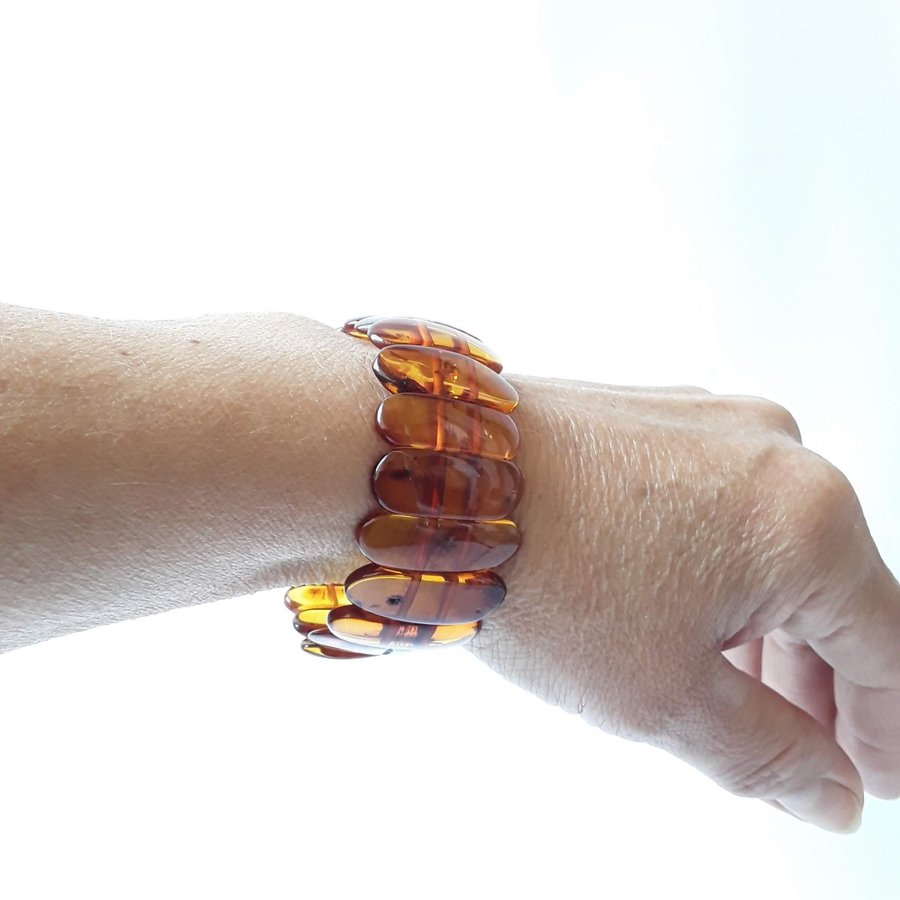 Brown Baltic amber gemstone bracelet Classic wide stretchy flat bead bracelet