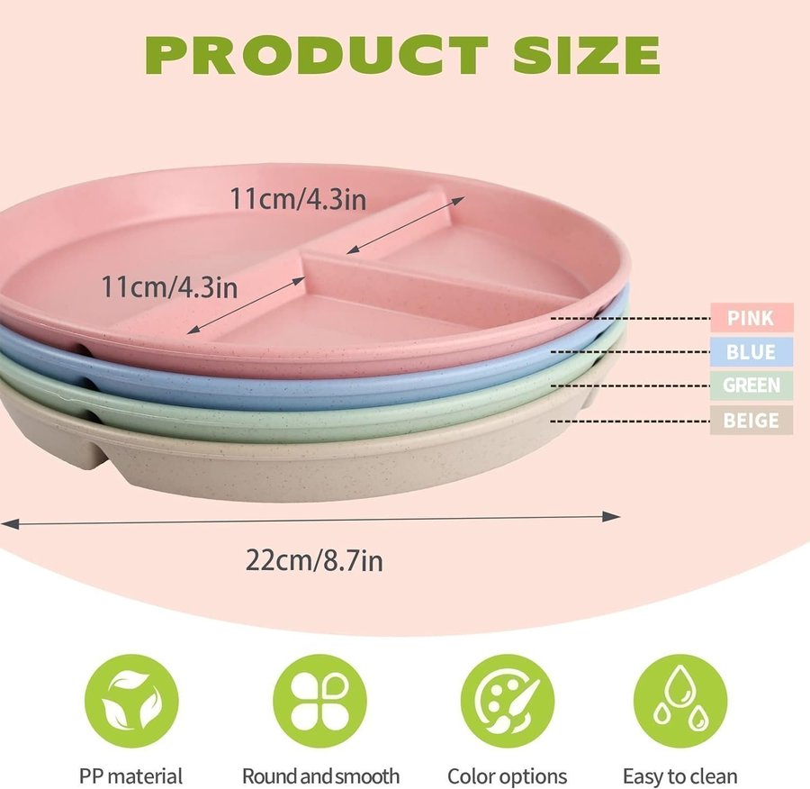 4 Mattallrikar 3 delar lätta plasttallrikar okrossbara BPA-fri mattallrik