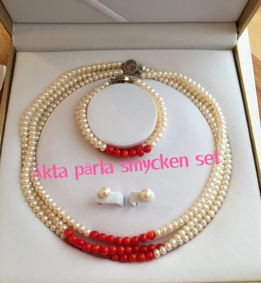 Äkta Pärla tre lager halsband smycken set