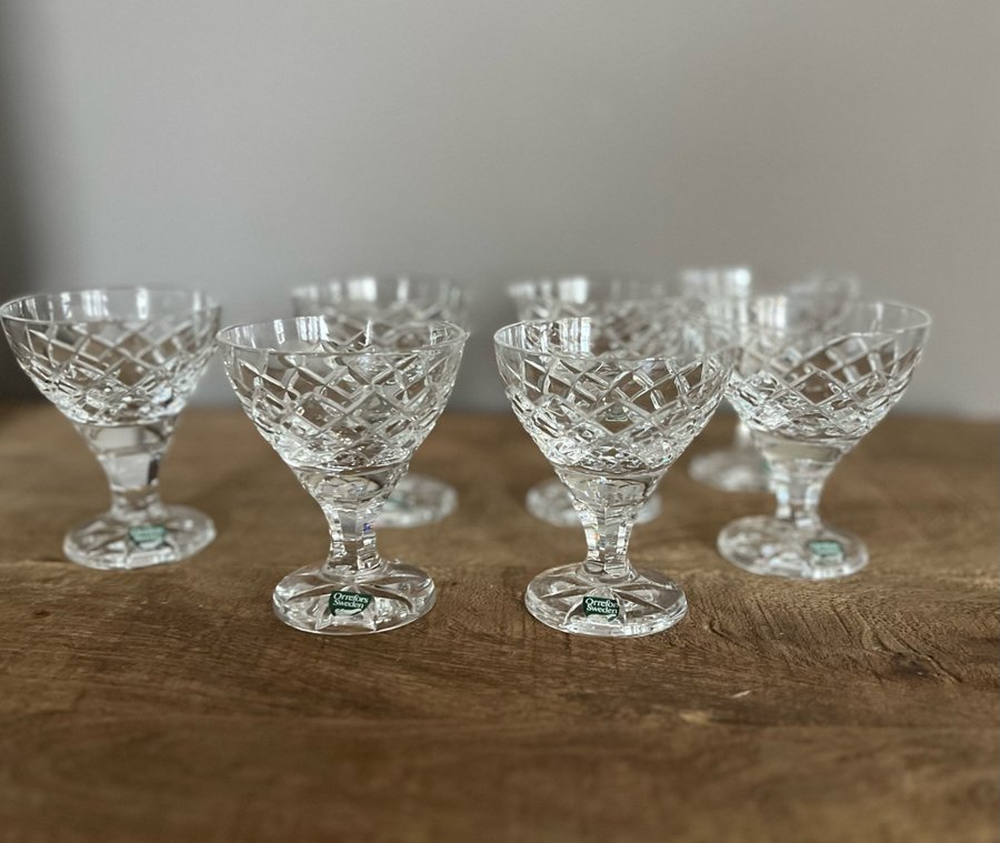 7 x Likörglas ORREFORS "Karolina" Gunnar Cyren RETRO Kristall rutslipad