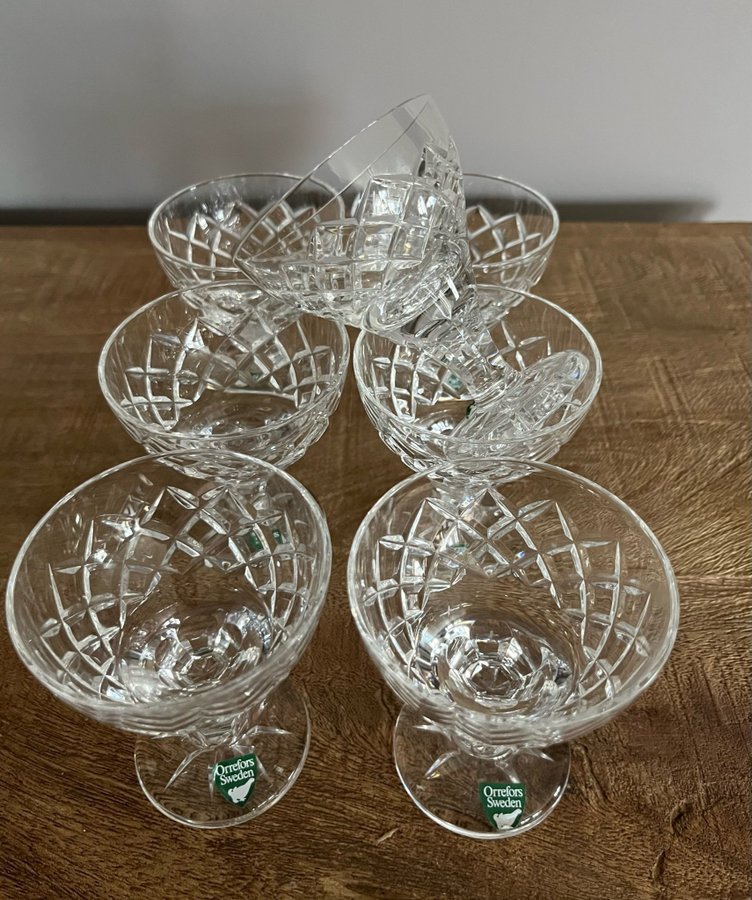 7 x Likörglas ORREFORS "Karolina" Gunnar Cyren RETRO Kristall rutslipad