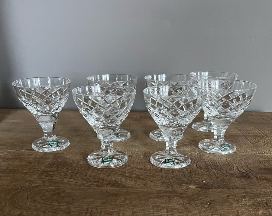 7 x Likörglas ORREFORS "Karolina" Gunnar Cyren RETRO Kristall rutslipad