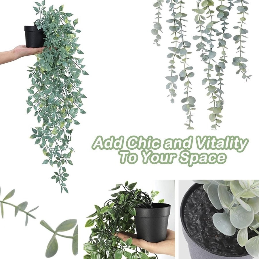 3st NYA Hängande plastväxter med krukor | eukalyptus/mandala/snöärtsblad