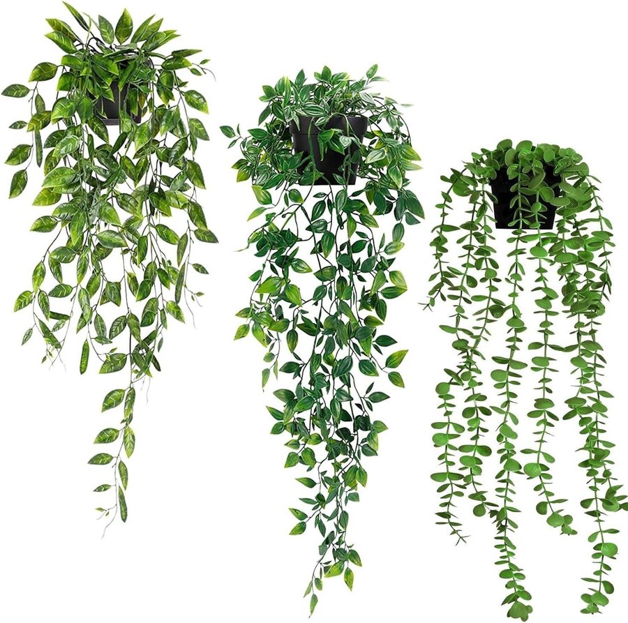 3st NYA Hängande plastväxter med krukor | eukalyptus/mandala/snöärtsblad